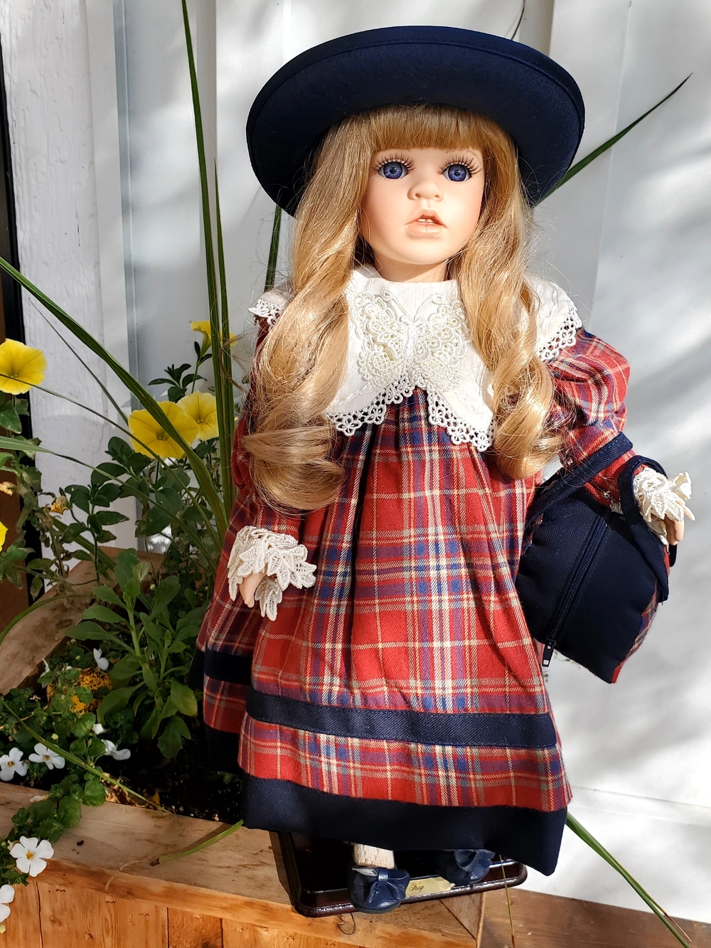 Plaid Red Dress Doll with Navy Hat and Accessories - Classic Kids Toy